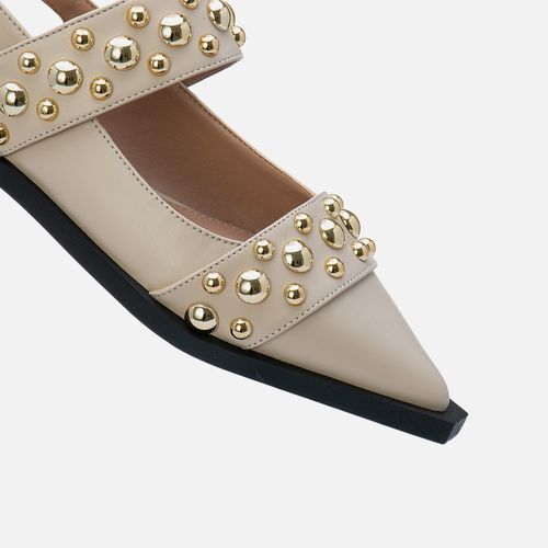 Sapatilha Rasteira Slingback Metalizada Aberta Bico Fino Tiras Metal Esferas Calce Elástico Feminino Milano Amendoa 13787