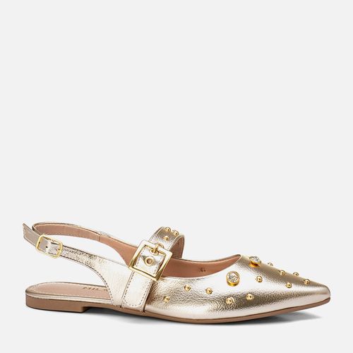Sapatilha Rasteira Slingback Aberta Bico Fino Brilho Strass e Rebites Fivela  Feminino Milano Ouro Light 13735