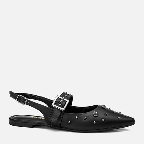 Sapatilha Rasteira Slingback Aberta Bico Fino Brilho Strass e Rebites Fivela  Feminino Milano Preto 13735