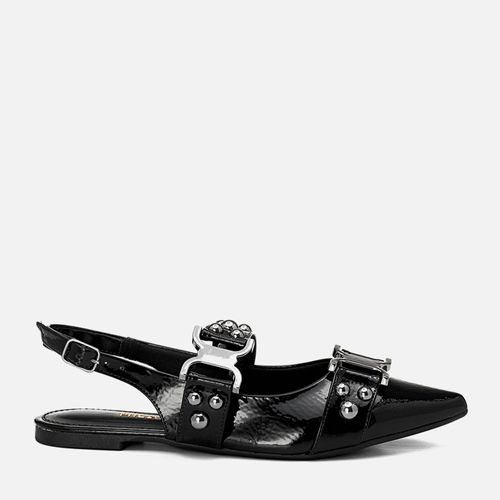 Sapatilha Rasteira Slingback Aberta Bico Fino Aplicação Metais Esferas e Maxi Metal Feminino Milano Preto 13737