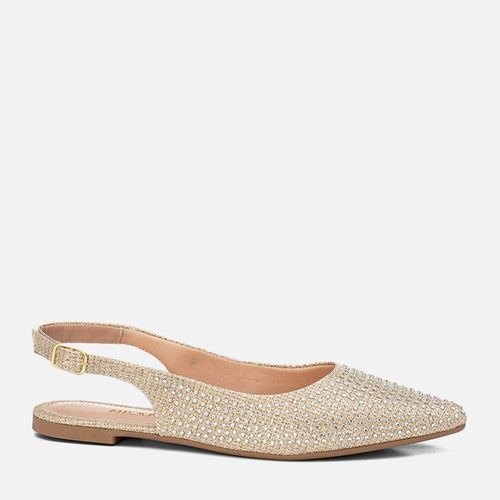 Sapatilha Rasteira Slingback Aberta Bico Fino Lurex Brillho Strass Hotfix Feminino Milano Ouro Light 13738