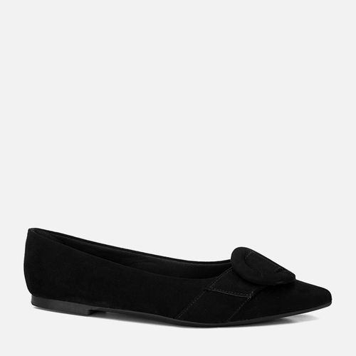 Sapatilha Rasteira Fechada Bico Fino Suede Tira com Fivela Redonda  Feminino Milano Preto 13734