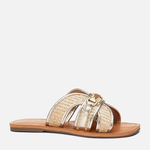 Sandália Rasteira Tiras Mix Material Tramado Natural Palha Fivela Feminino Milano Ouro Light 13759