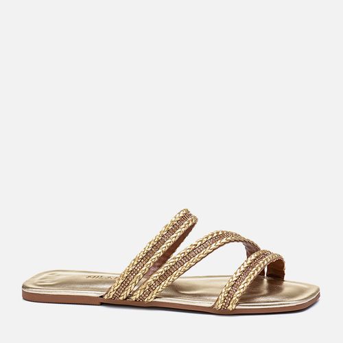 Sandália Rasteira Mix Tramado Natural Trança Brilho Manta de Strass Tiras Cruzadas Diagonal Feminino Milano Ouro Light 13720