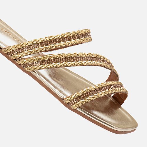 Sandália Rasteira Mix Tramado Natural Trança Brilho Manta de Strass Tiras Cruzadas Diagonal Feminino Milano Ouro Light 13720