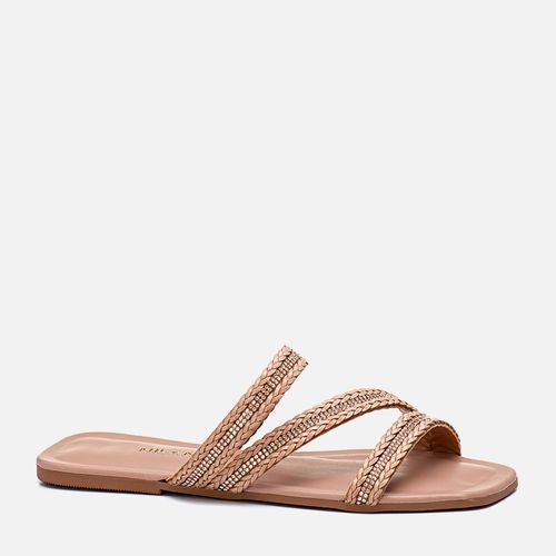 Sandália Rasteira Mix Tramado Natural Trança Brilho Manta de Strass Tiras Cruzadas Diagonal Feminino Milano Rosado 13720