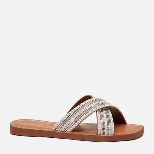 Sandália Rasteira Mix Tramado Natural Trança Brilho Manta de Strass Tiras Cruzadas em X Feminino Milano Off White 13717