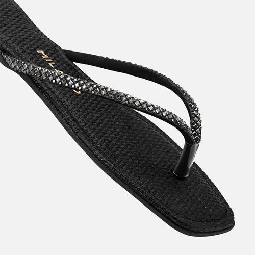 Sandália Rasteira de Dedo tipo Chinelo Tramado Aplicação Brilho Manta de Strass Pedrarias Feminino Milano Preto 13747