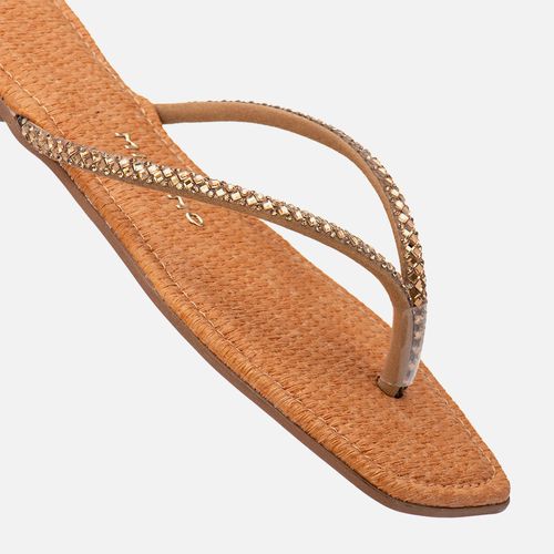Sandália Rasteira de Dedo tipo Chinelo Tramado Aplicação Brilho Manta de Strass Pedrarias Feminino Milano Caramelo 13747