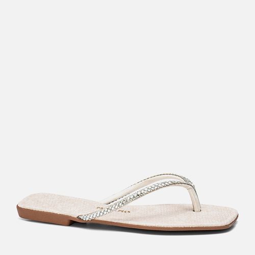Sandália Rasteira de Dedo tipo Chinelo Tramado Aplicação Brilho Manta de Strass Pedrarias Feminino Milano Off White 13747