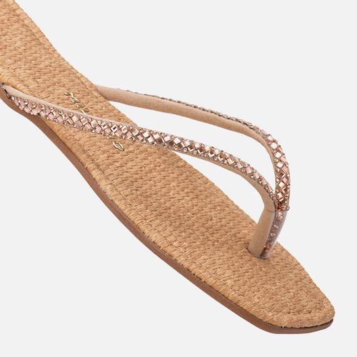 Sandália Rasteira de Dedo tipo Chinelo Tramado Aplicação Brilho Manta de Strass Pedrarias Feminino Milano Light Tan 13747