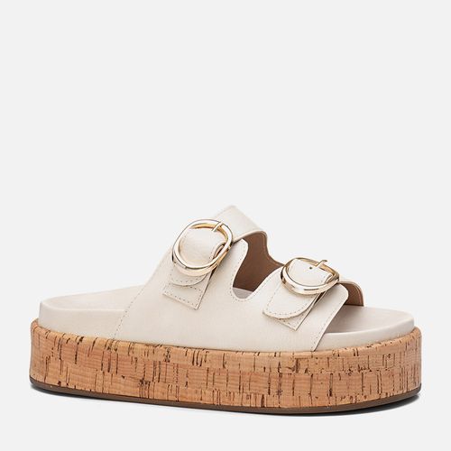Sandália Papete Plataforma Sola Alta Cortiça Tiras Maxi Fivela Redonda Feminino Milano Off White 13757