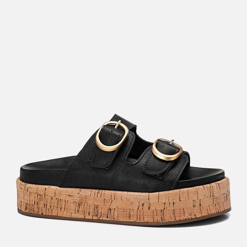 Sandália Papete Plataforma Sola Alta Cortiça Tiras Maxi Fivela Redonda Feminino Milano Preto 13757