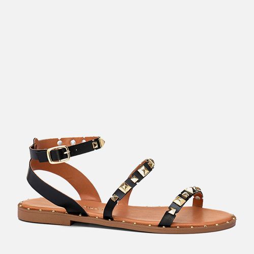 Sandália Rasteira MetaisTachas Spike de Pirêmide Rebites Estilo Folk Feminino Milano Preto 13742