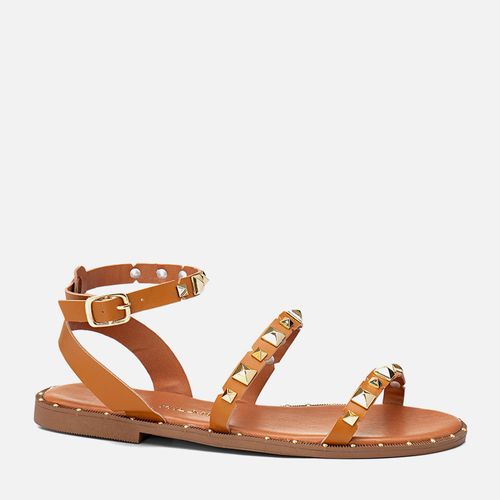 Sandália Rasteira MetaisTachas Spike de Pirêmide Rebites Estilo Folk Feminino Milano Caramelo 13742