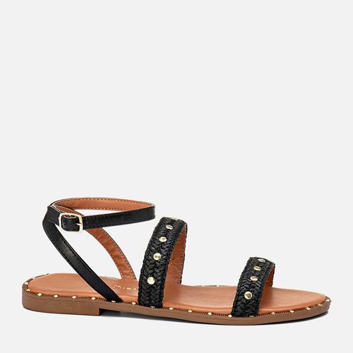 Sandália Rasteira Tramado Natural Palha Metais Rebites Estilo Folk Feminino Milano Preto 13743