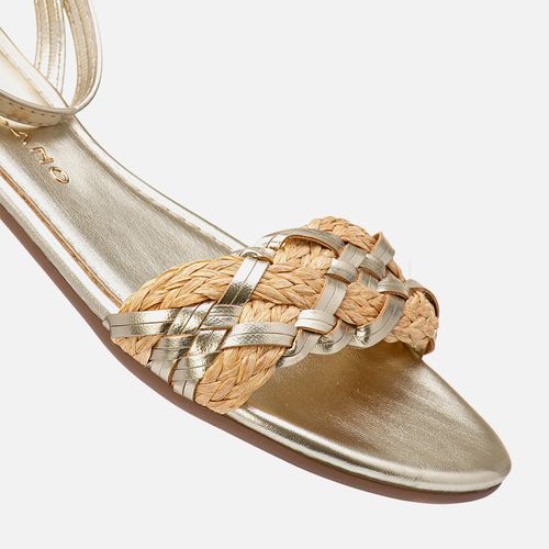 Sandália Rasteira Mix Tramado Natural Palha Brilho Metalizado Trançado Feminino Milano Ouro Light 13744