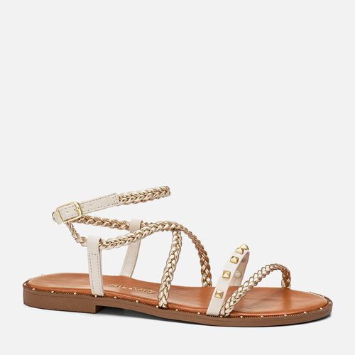 Sandália Rasteira Mix Tiras Trançadas à Mão Tachas Spike de Pirâmide e Rebite Feminino Milano Off White 13741