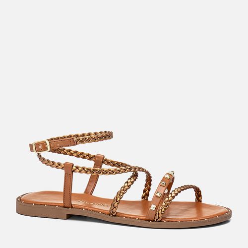 Sandália Rasteira Mix Tiras Trançadas à Mão Tachas Spike de Pirâmide e Rebite Feminino Milano Caramelo 13741