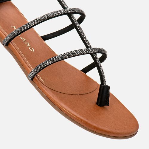 Sandália Rasteira Tiras Cruzadas Aplicação Brilho Manta de Strass Palmilha Quadrada Feminino Milano Preto 13740