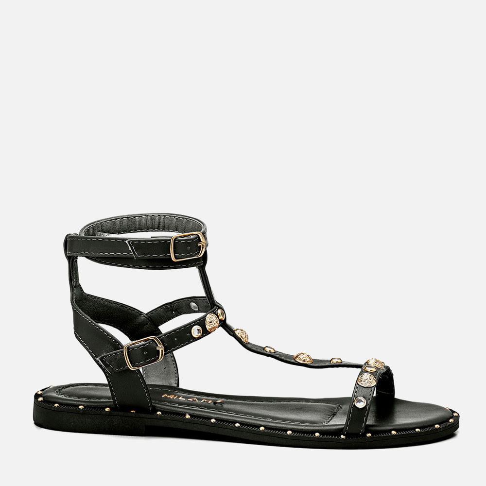 Sandália Rasteiras Gladiadora Tachas Spike Pirâmide Tiras Finas Feminino Milano Preto 13517 33