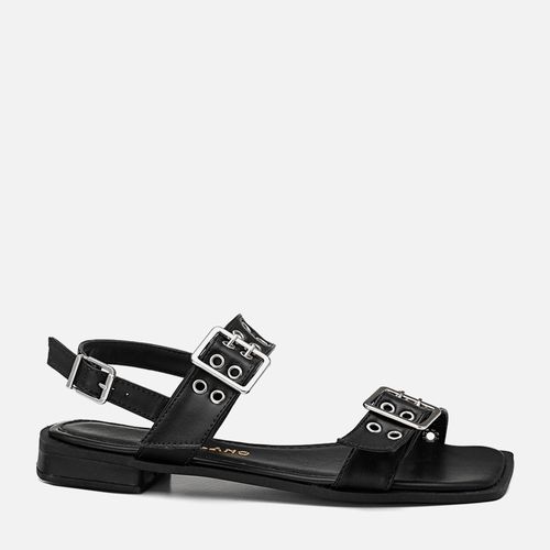 Sandália Salto Bloco Baixo Tira Rebite Rocker Maxi Fivela Feminino Milano Preto 13793