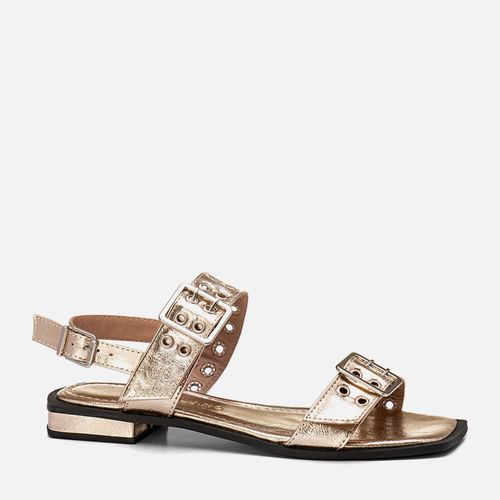 Sandália Salto Bloco Baixo Tira Rebite Rocker Maxi Fivela  Feminino Milano Ouro Light 13793