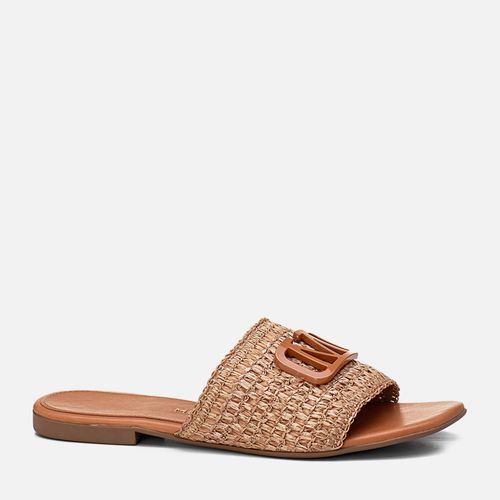 Sandália Rasteira Tira Slide Tramado Natural Aplique M Metalizada Feminino Milano Caramelo 13768
