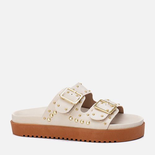 Sandália PapeteTratorada Sola Alto Metais Tachas Esferas Maxi Fivela Feminino Milano Off White 13770