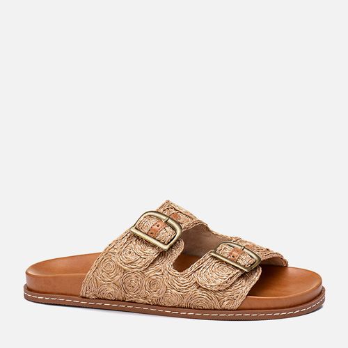 Sandália Papete Tramado Natural Palha Floral Maxi Fivela Feminino Milano Caramelo 13765