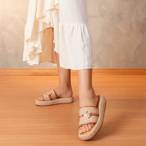 Sandália Papete Sola Alta Tira Slide Tramado Natural Fivela Feminino Milano Off White 13764