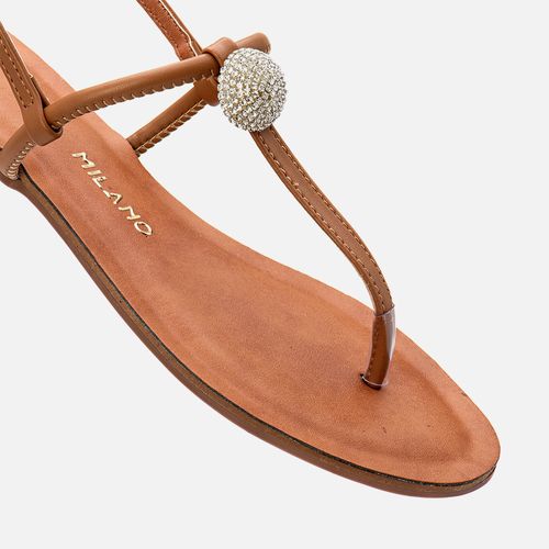 Sandália Rasteira tipo Chinelo Dedo Esfera Brilho Strass Feminino Milano Caramelo 13842