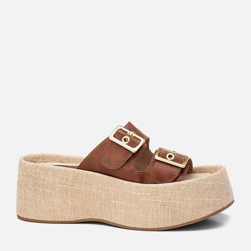 Sandália Papete tipo Tamanco Plataforma Tiras Largas Maxi Fivela Feminino Milano Caramelo 13826