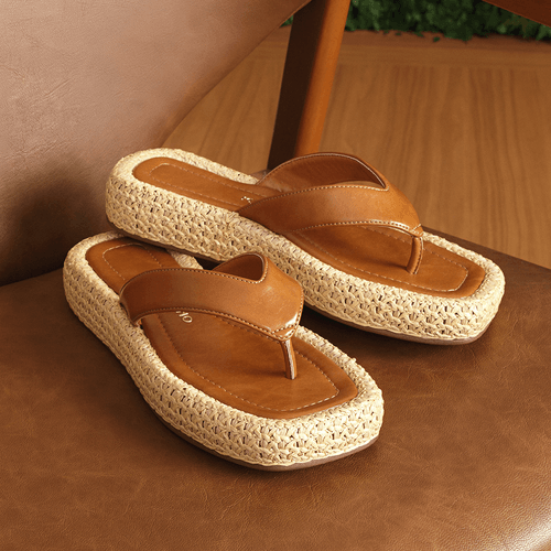 Sandália Papete tipo Chinelo de Dedo Sola Alta Palha Tramado Natural Feminino Milano Caramelo 13782