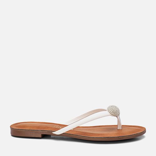 Sandália Rasteira Tira Dedo Metalizada tipo Chinelo Esfera em Brilho Strass Feminino Milano Off White 13679