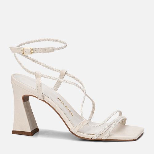 Sandália Salto Alto Flare Bico Quadrado Tiras Finas Tramado Trança Metalizada Feminino Milano Off White 13684