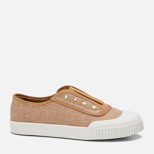 Tênis Sola Caixa Baixa Material Tramado com Visual Natural Calce Prático Sem Amarração Brilho em Strass Feminino Milano Caramelo 12017