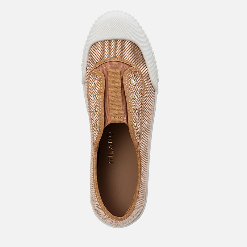 Tenis-Sola-Caixa-Baixa-Material-Tramado-com-Visual-Natural-Calce-Pratico-Sem-Amarracao-Brilho-em-Strass-Feminino-Milano-Caramelo-12017--1--4-