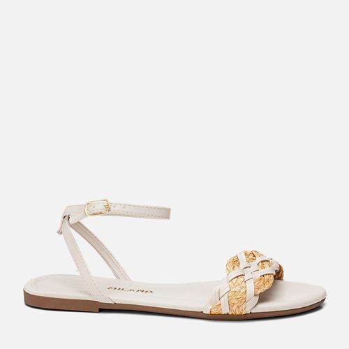 Sandália Rasteira Mix Tramado Natural Palha Brilho Metalizado Trançado Feminino Milano Off White 13744