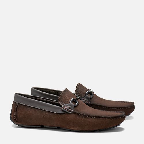Sapato Mocassim Driver ou Sider Feito em Mix de Couro Nobuk e Liso Metal Gravata Bridão Costura Manual Aparente  Masculino Milano Cafe/cafe 13767
