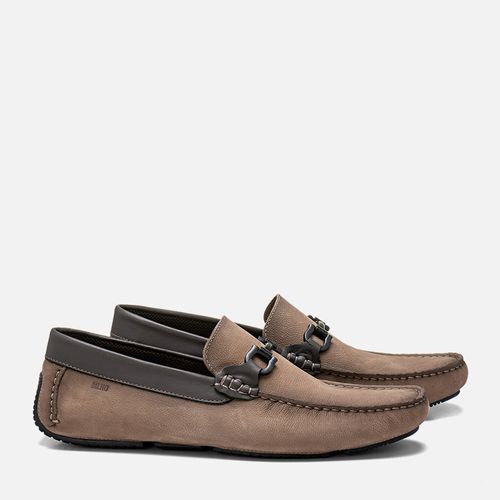 Sapato Mocassim Driver ou Sider Feito em Mix de Couro Nobuk e Liso Metal Gravata Bridão Costura Manual Aparente  Masculino Milano Cimento/café 13767
