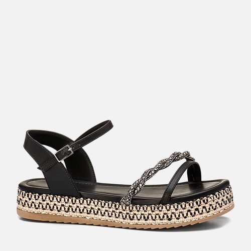 Sandália Papete Tratorado Palha Natural Tramada Sola Alta Brilho Strass Feminino Milano Preto 13811
