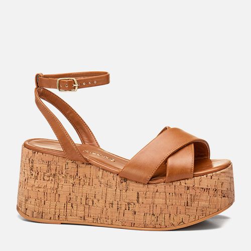 Sandália Plataforma Anabela Cortiça Tiras Cruzadas em X Feminino Milano Caramelo 13807