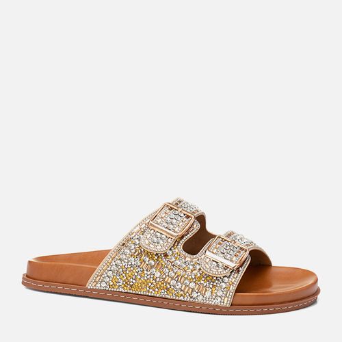 Sandália Papete Tira Cravejada Mix de Strass e Pedrarias Fivela Feminino Milano Ouro 13784