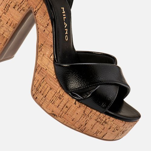 Sandália Plataforma Salto Bloco Alto Revestida Cortiça Tiras Cruzadas em X  Feminino Milano Preto 13809