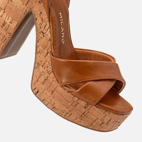 Sandália Plataforma Salto Bloco Alto Revestida Cortiça Tiras Cruzadas em X  Feminino Milano Caramelo 13809