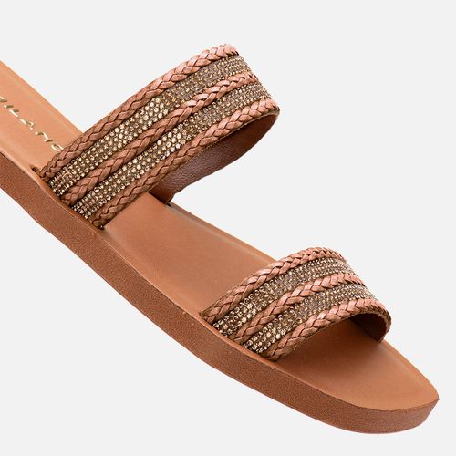 Sandália Rasteira Mix de Tramado Natural Trança Brilho Manta de Strass Tiras Cruzadas  Feminino Milano Caramelo 13718