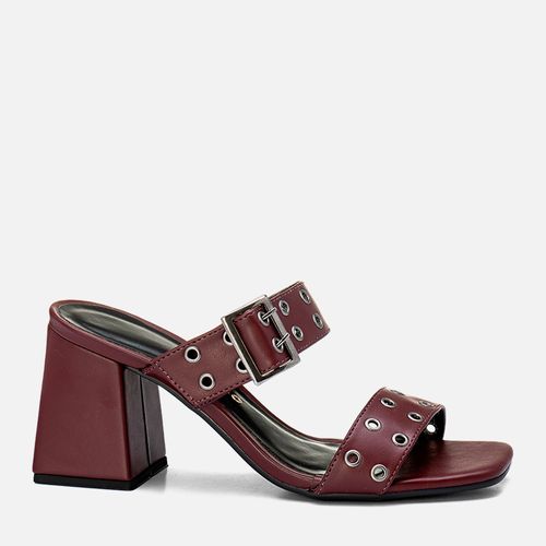 Sandália Tamanco Salto Alto Bloco Geométrico Trapézio Tachas Rebite Maxi Fivela Feminino Milano Vinho 13828