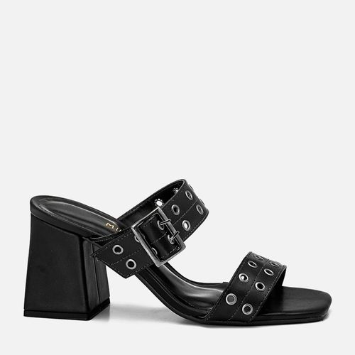 Sandália Tamanco Salto Alto Bloco Geométrico Trapézio Tachas Rebite Maxi Fivela Feminino Milano Preto 13828
