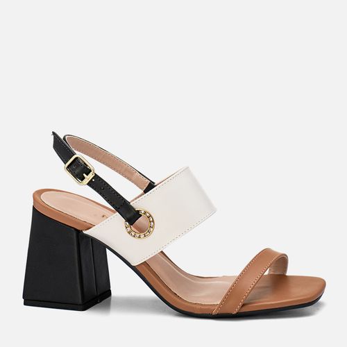 Sandália Salto Alto Bloco Geométrico Trapézio Mix Cores Multicolor Metal Brilho Strass Feminino Milano Caramelo 13827
